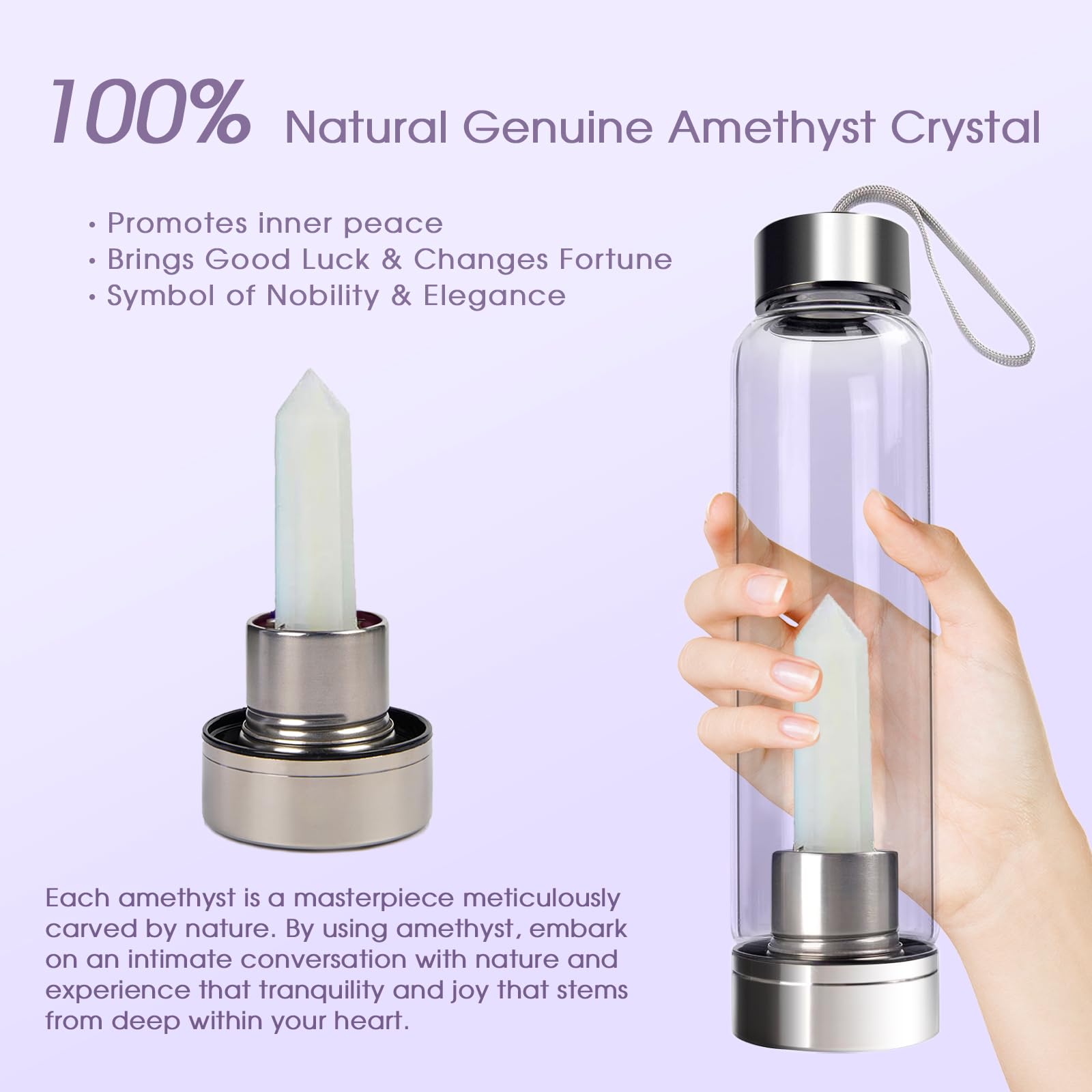 Chezmax Crystal Glass Water Bottle, Glass Water Bottle With Changeable Natural Crystal Center, Quartz Gemstone Water Bottle For